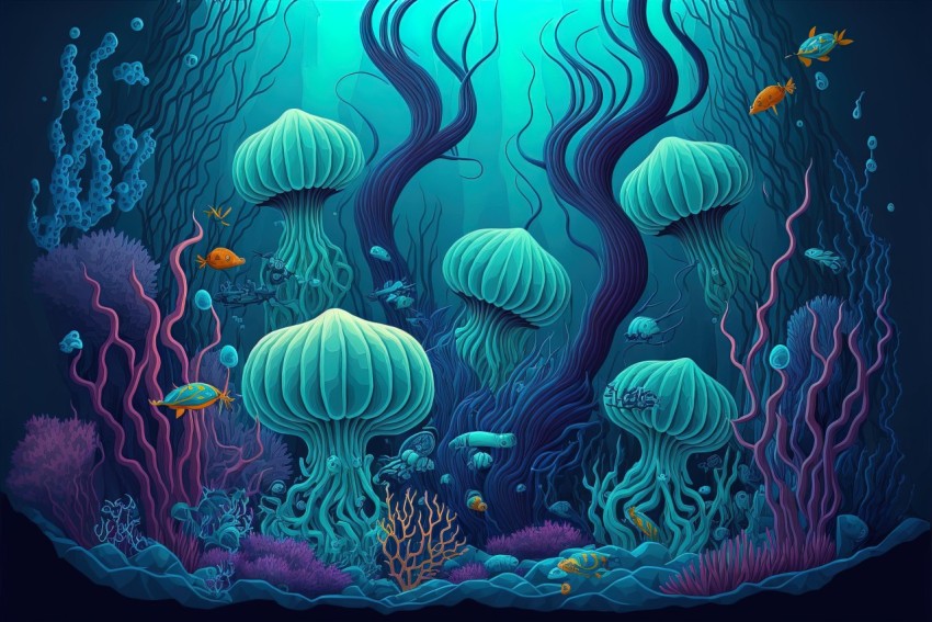 Underwater Jellyfish and Coral Fantasy Illustration