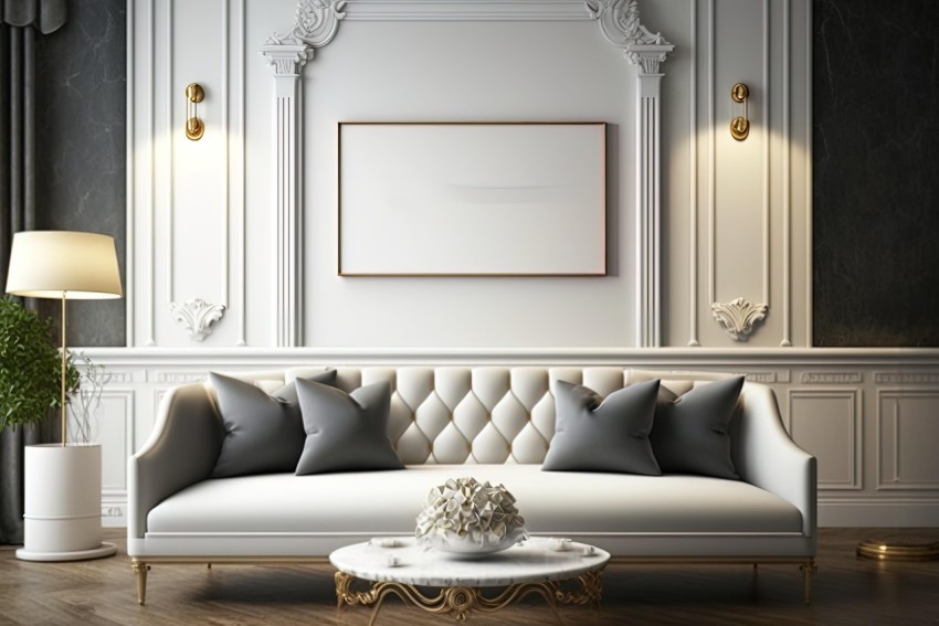 Elegant Living Room with White Sofa in Wealthy Portraiture Style