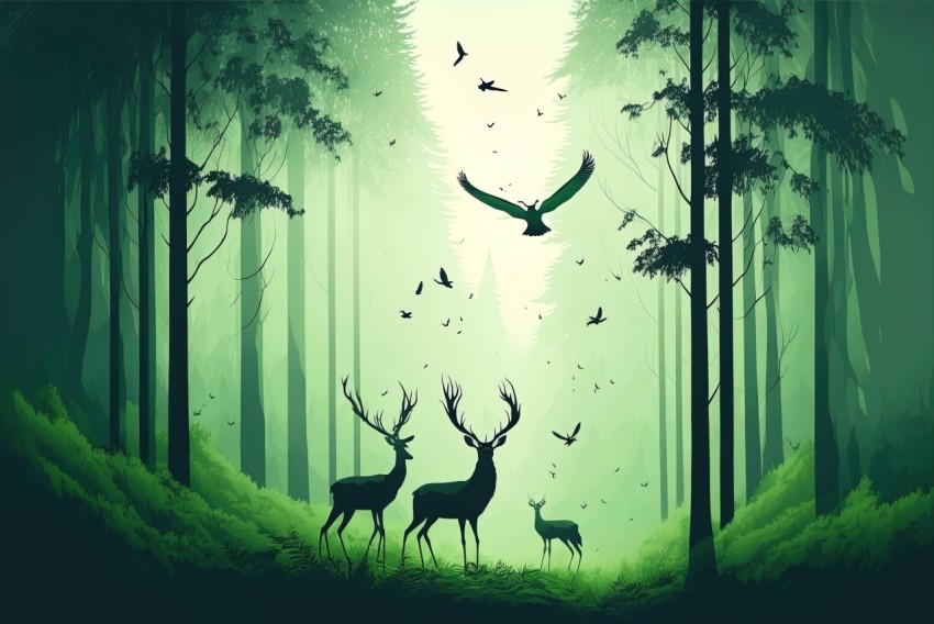 Mysterious Forest Landscape with Deer and Birds