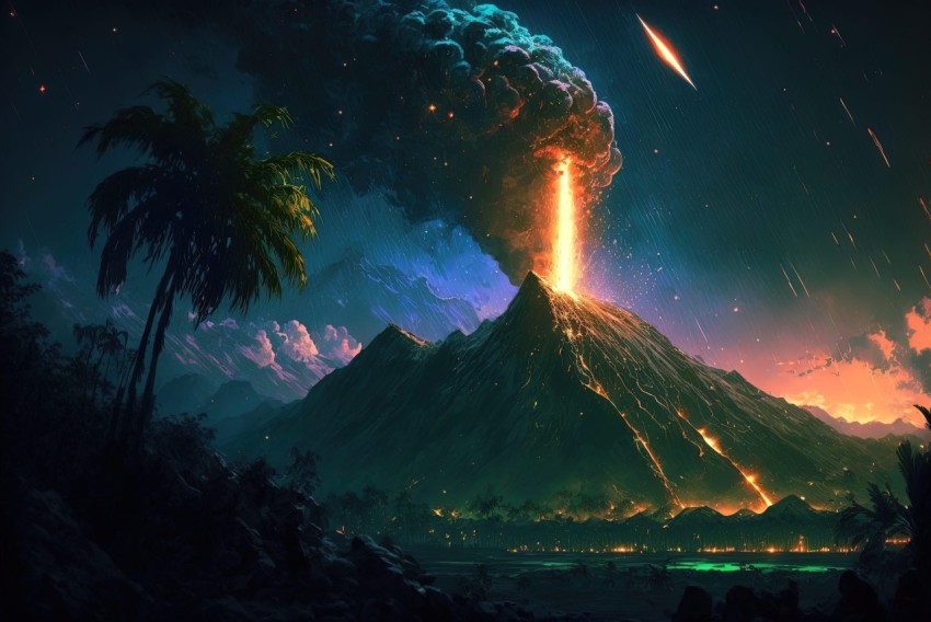 Enigmatic Tropical Volcano Illustration - Nightmarish and Captivating