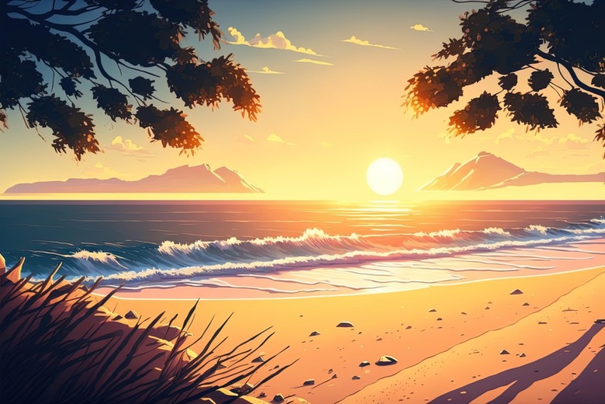 Illustration of Beach at Sunset - Nature Inspired Artwork