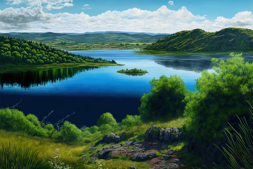 Serene Landscape Painting: An Ode to Celtic Art and Norwegian Nature