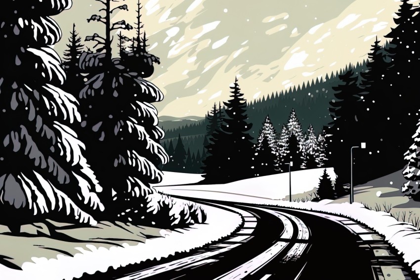 Winter Countryside Road in the Mountains - Detailed Illustration