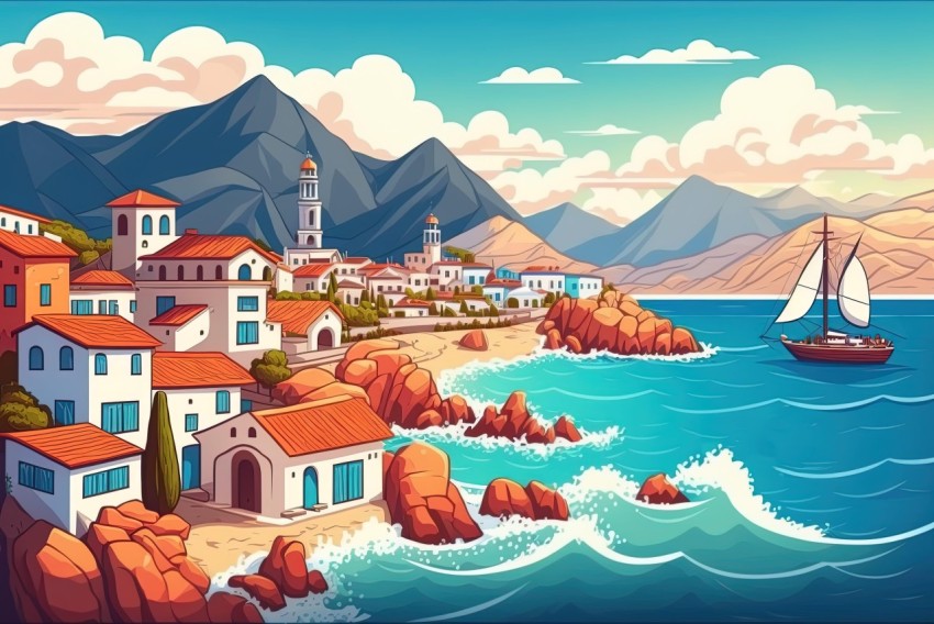 Picturesque Coastal Town Seascape in Traditional Oil Painting Style