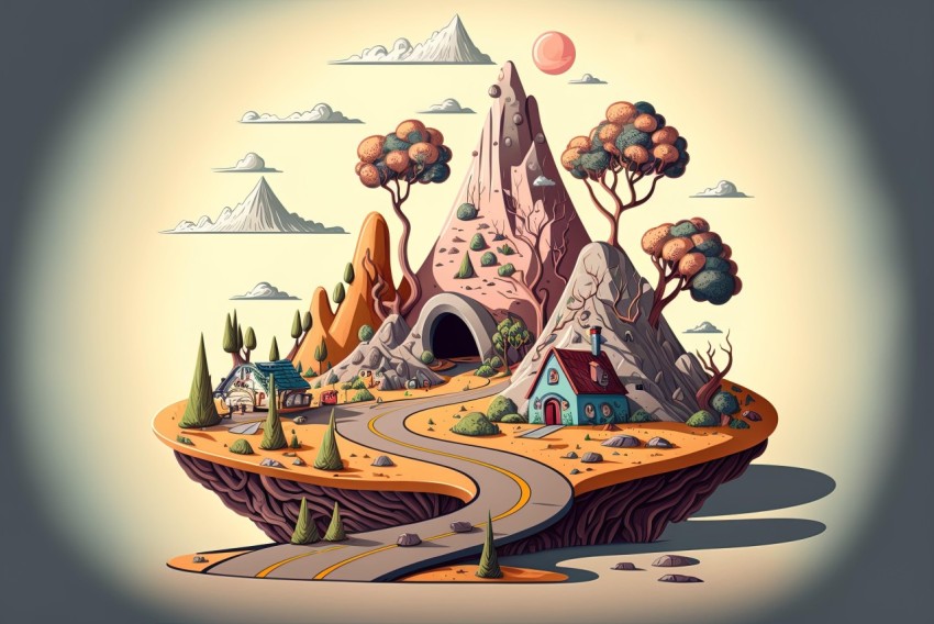 Cartoon Style Island with Mountains and Road Illustration