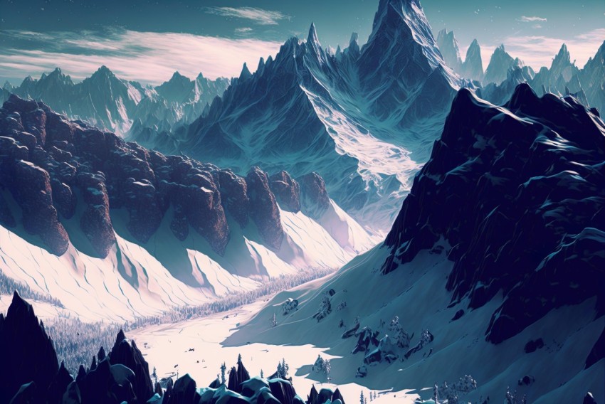Tranquil Snow-Covered Mountain Landscape in Maroon and Cyan