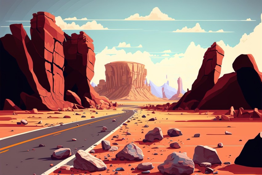 Western-Style Cartoonish Desert Road Artwork