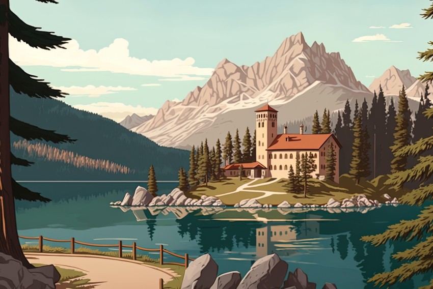 Vintage Poster Style Mountain Landscape with Church and Lake