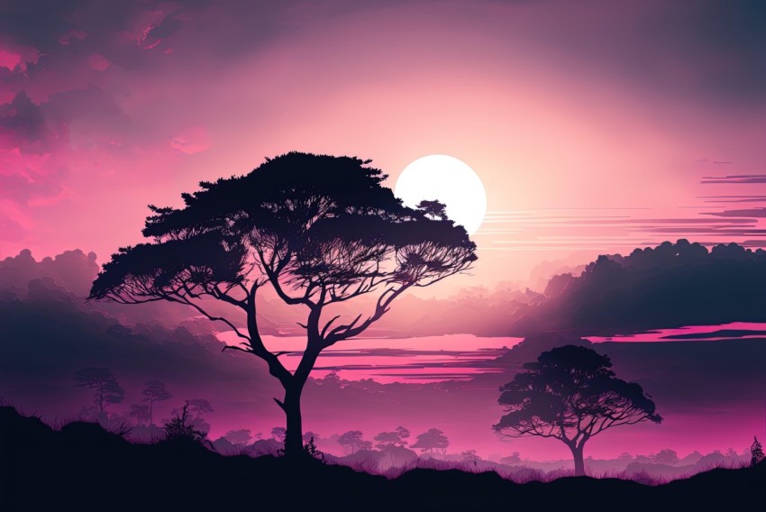 Nostalgic Sunset Tree Landscape: A Romantic Journey into Wilderness