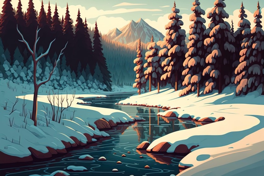 Winter Landscape: A Sublime Wilderness in Graphic Illustration Style