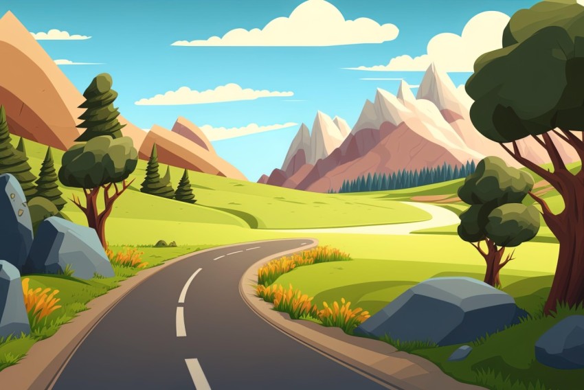 Cartoon Landscape Illustration of Road in Mountains