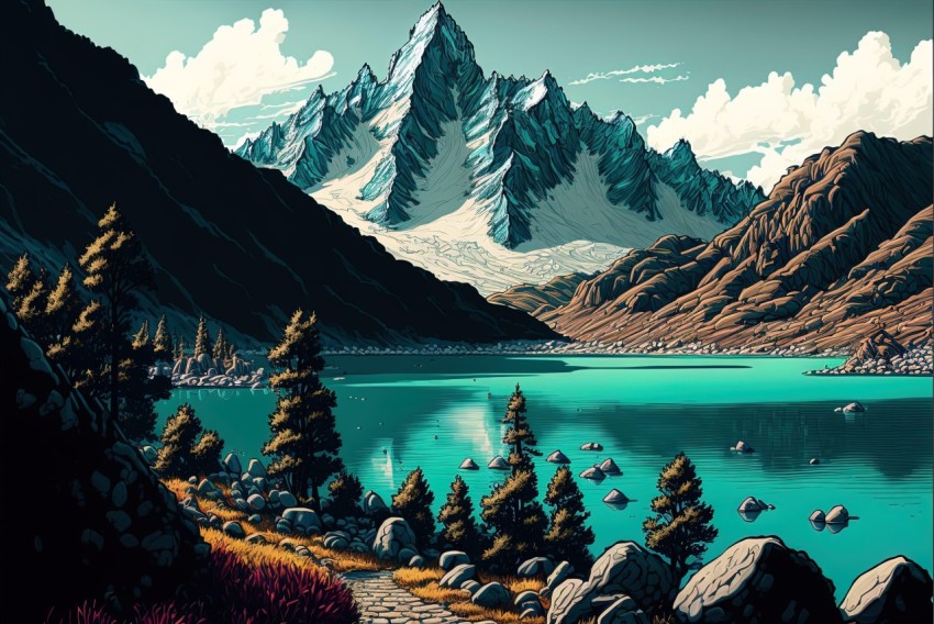 Mountain Lake Illustration - A Harmony of Maroon and Turquoise