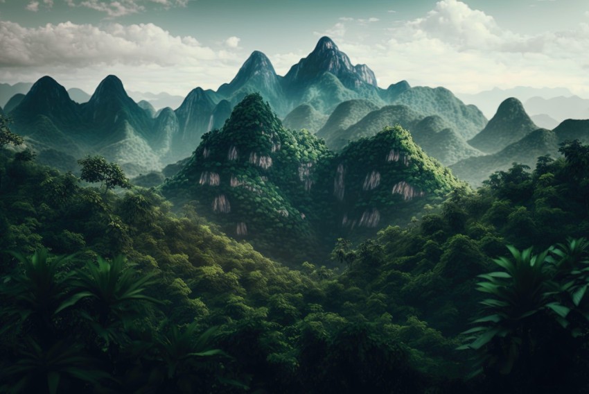 Exotic Realism: A Tranquil Landscape with Mountains and Trees
