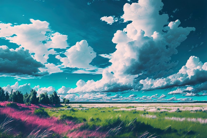 Expressive Sci-fi Landscapes: Monochrome Fields with Pink Flowers and Atmospheric Clouds