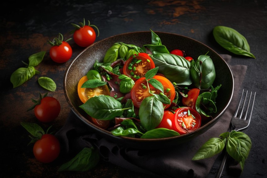 Cherry Tomato and Spinach Salad in Olive Oil - A Still-Life Composition