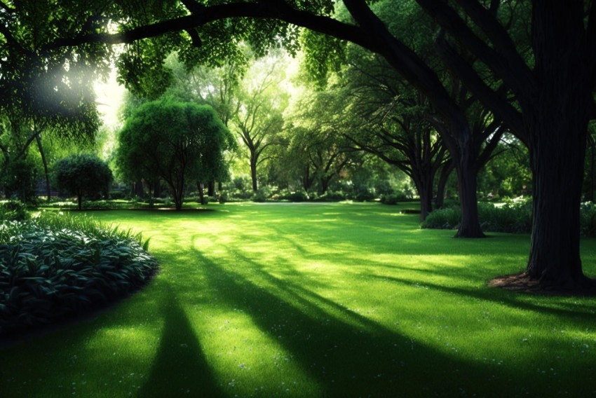 Lush Green Park in Sunlight - Nature-Inspired Matte Painting