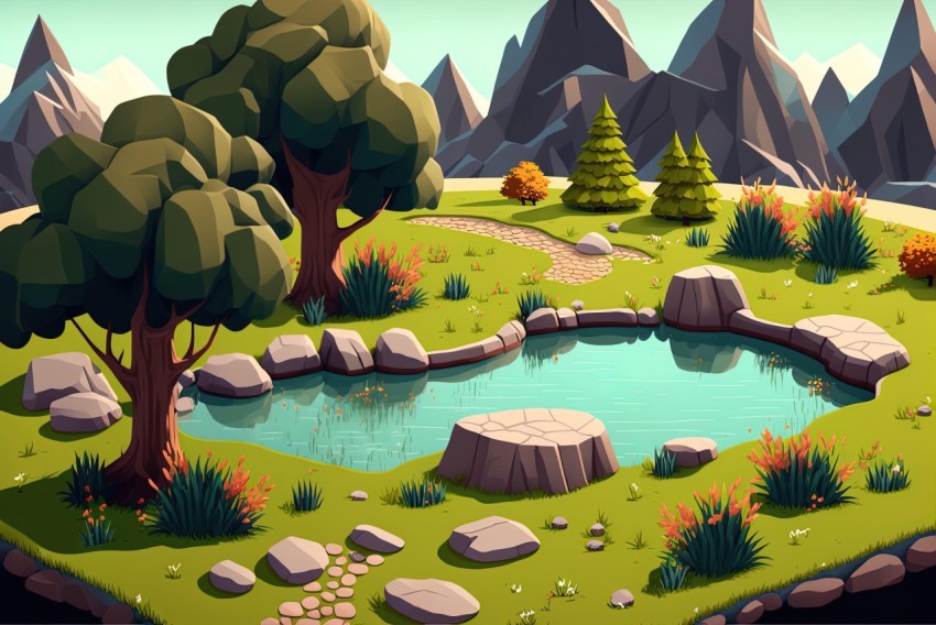 Isometric Nature Landscape: A Blend of Realism and Cartoonish Charm
