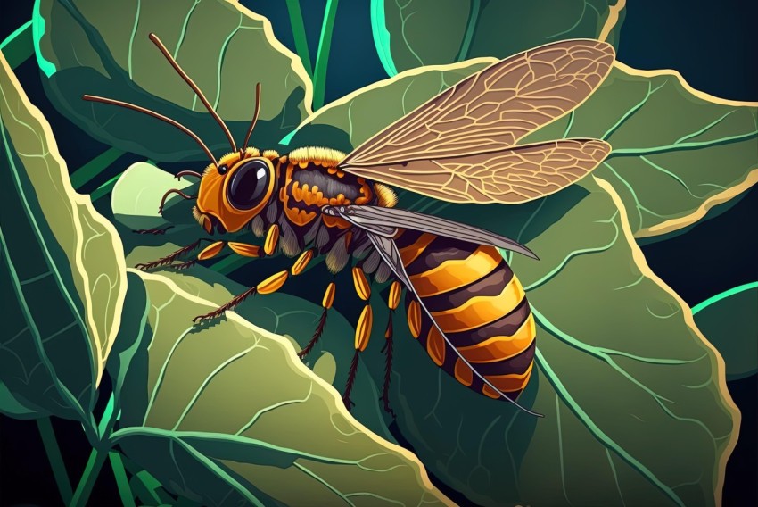 Detailed Illustration of Wasp on Leaf - Fauvist Art Style