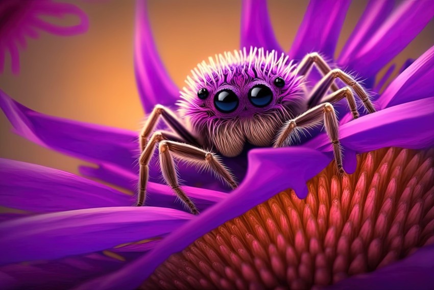 Charming Spider on Purple Flower - Playful Cartoon Illustration