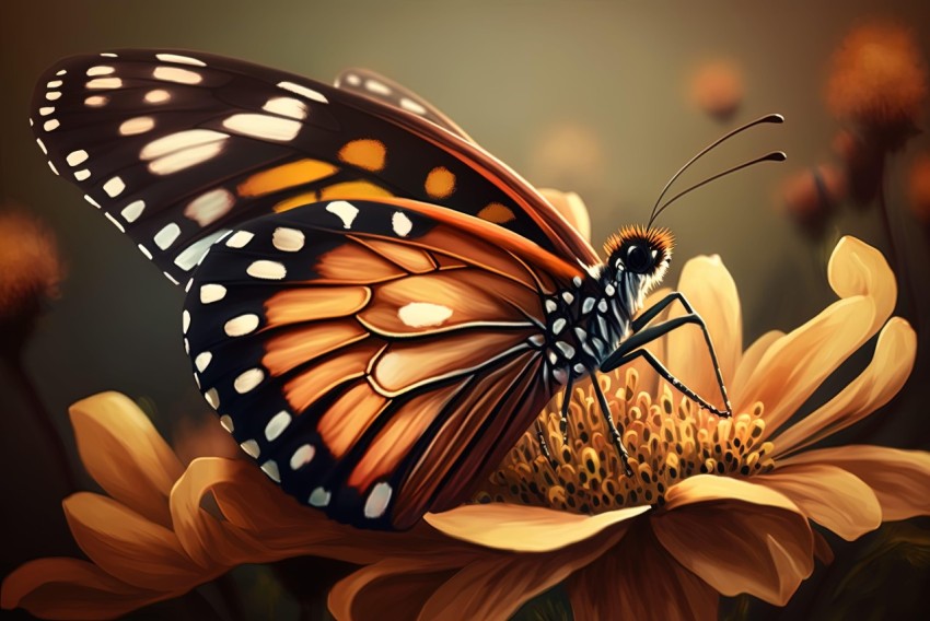 Black and Brown Butterfly on Orange Flower Artwork