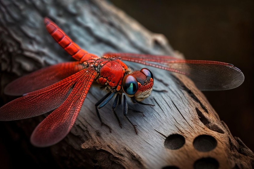 Red Dragonfly on Tree Stump – A Photorealistic, Orient-Inspired Animal Portrait