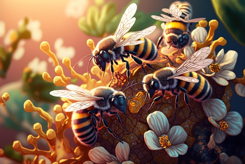 Intricate Bee Portrait amidst Flowers: A Fusion of Science Fiction and Balinese Art