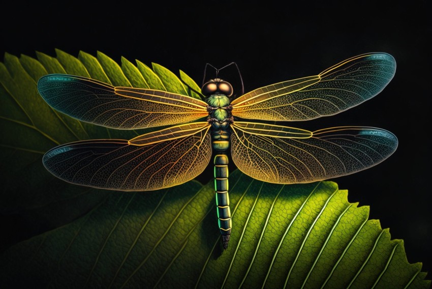 Dragonfly on Leaf at Night: A Study in Luminous Colors and Precisionist Art