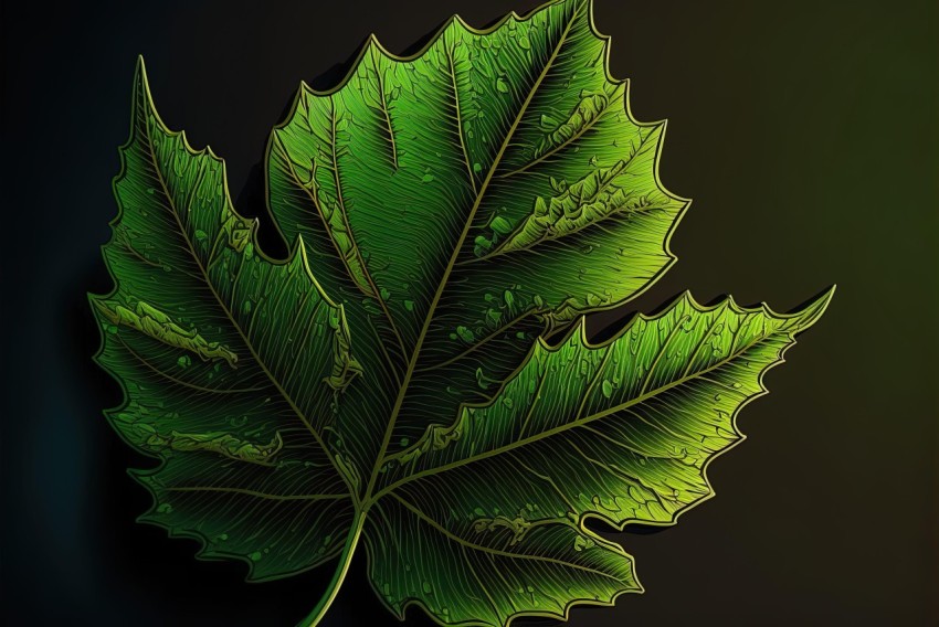 Intricately Detailed Leaf with Water Drops on Dark Background
