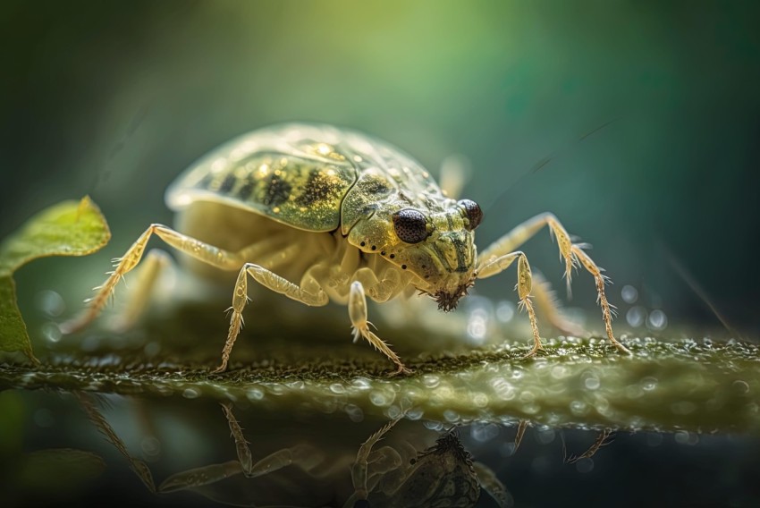 Realistic Animal Portraits: Bug on Leaf with Water Reflection
