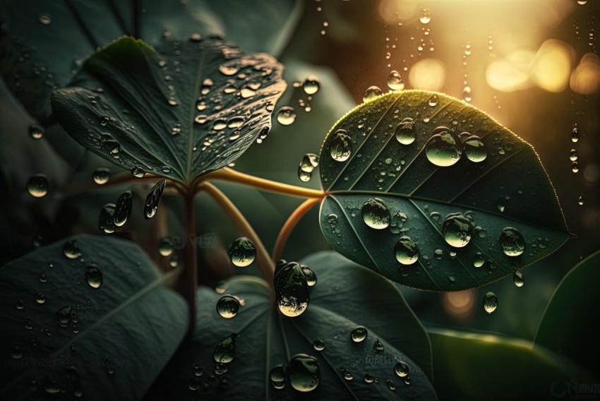 Poetic Elegance: Raindrops on Leaves at Sunrise