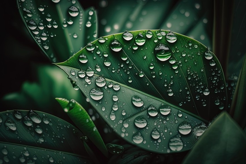 Nature-Inspired Imagery: Dark Green Leaves with Water Droplets