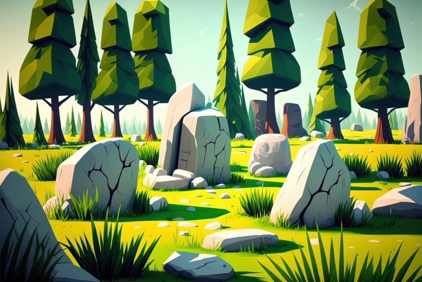 Low Poly Forest Scene with Rocks and Trees - A Bold Cartoonish Pastoral Landscape