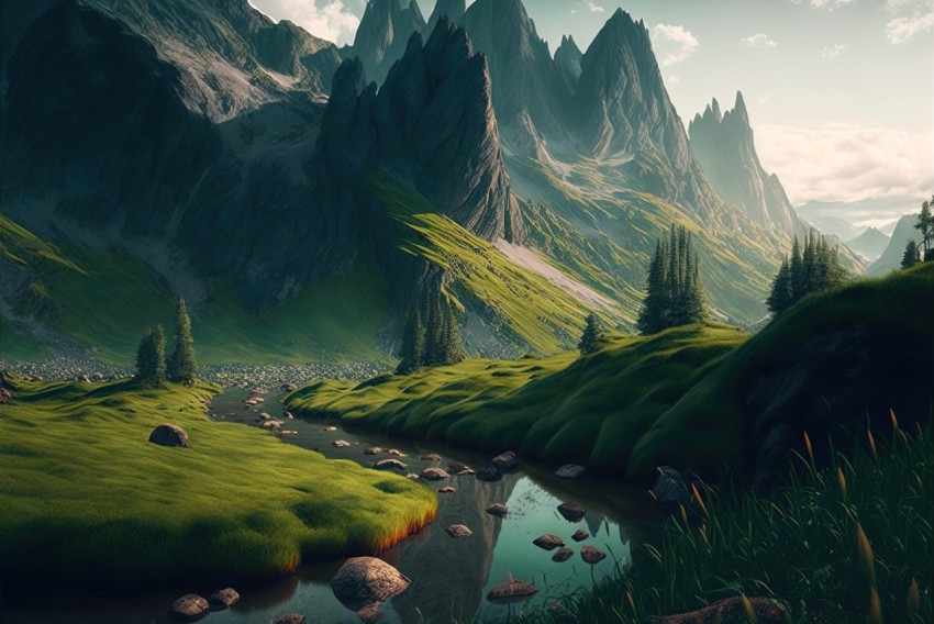 Nature-Inspired Mountain Landscape with River - Surreal Beauty and Fantasy Setting