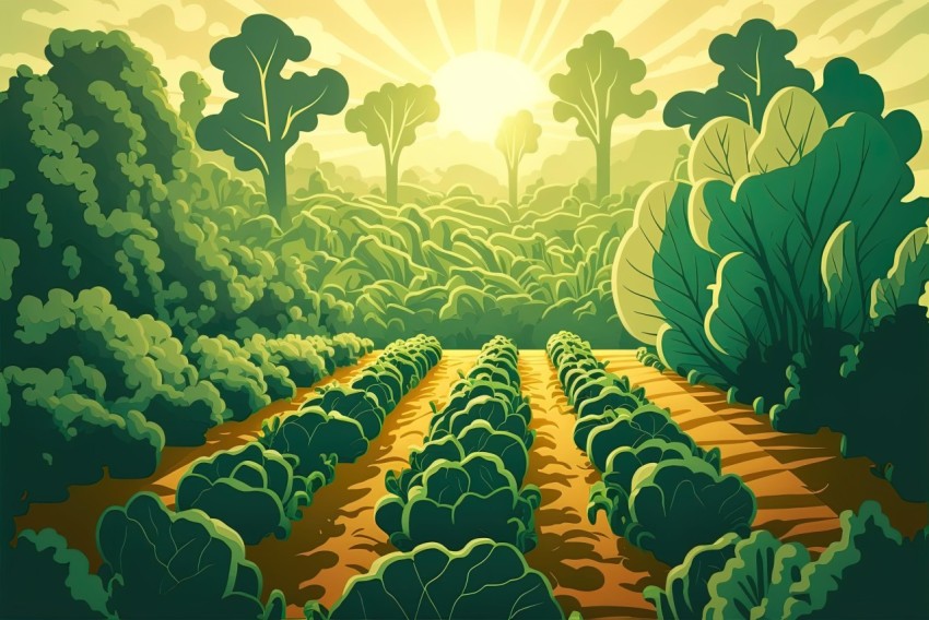 Nature-Inspired Cartoon Illustration of Vegetable Field at Sunset
