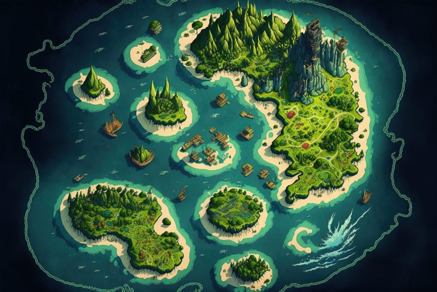 Cartoon Island Illustration - Intricate Design and Mythological References