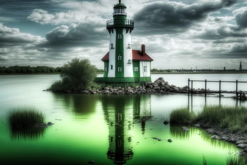 Gothic Lighthouse Landscape with Sparkling Water Reflections