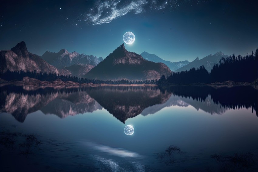 Surreal Landscape: Moon Reflection on Mountain Lake