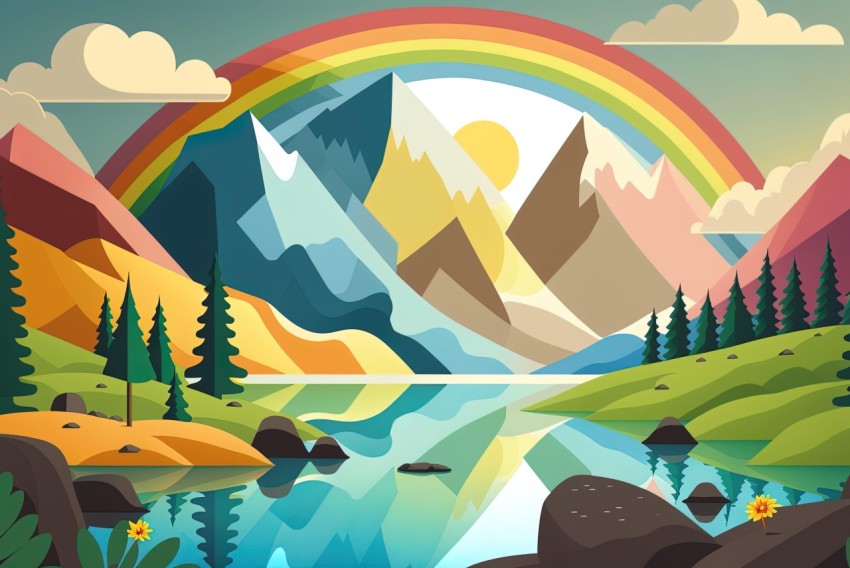 Colorful Mountain Landscape with Rainbow - Flat Illustration Art