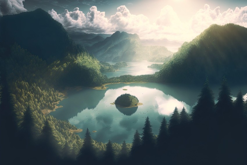 Fairytale-Inspired Island and Lake Landscape Image