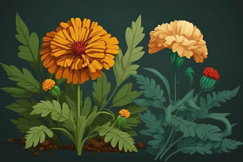 Orange and Yellow Flowers in Forest: Historical Illustration