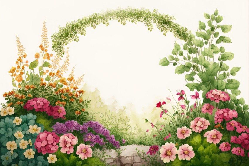 Colorful Watercolour Garden Illustration with Lush Landscape