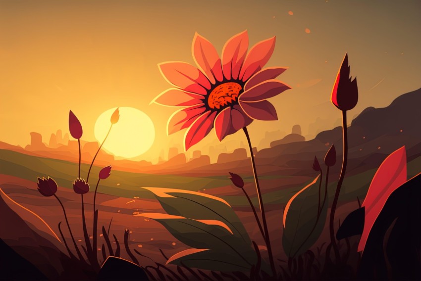 Serene Landscape with Sunset and Red Flower in 2D Game Art Style