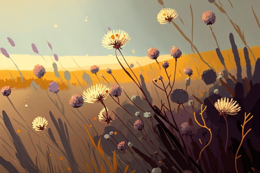 Surrealistic Wild Flower Field Illustration with Playful Light and Shadow