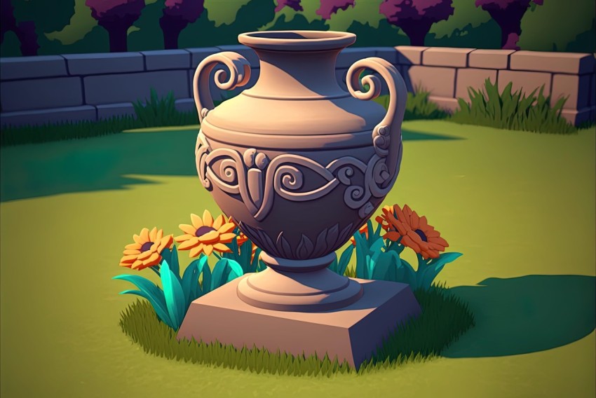 Interactive Stone Vase on Lawn - Stylized 2D Game Art
