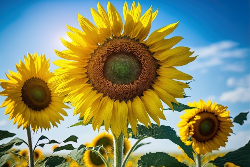 Stunning Realistic Sunflower in a Field under a Clear Blue Sky