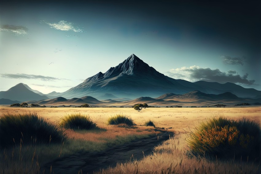 Empty Field with Mountains - Realistic Hyper-Detailed Rendering