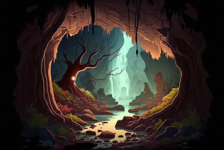 Dark Cave Illustration with Tree | Realistic Landscape
