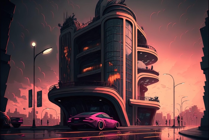 Futuristic Building and Car in Evening - A Captivating Cityscape