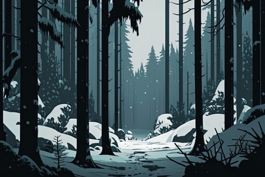 Winter Forest Landscape with Snowy Path - Detailed Character Design