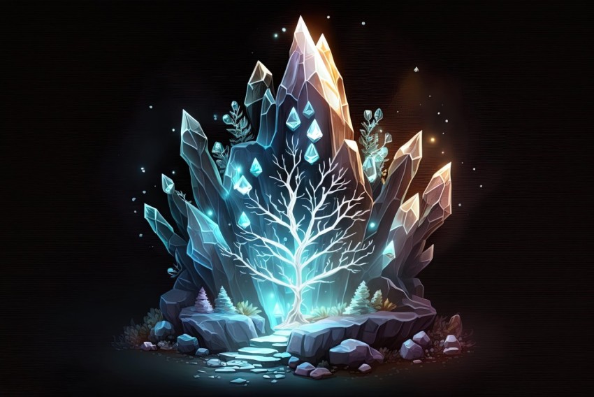 Enchanting Tree of Crystallization Artwork - Luminescent 2D Game Art